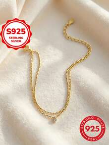 1pc S925 Sterling Silver Niche Design Ins Minimalist Cold Style Double Layer Rhinestone Bracelet For Women, Personalized Luxury Elegant Elegant Fashion Delicate High-End Hand Jewelry, Suitable For Casual, Party, Daily Commute, Low-Key Matching, Perfect Gift For Best Friend, Girlfriend - Double Layer - View 4