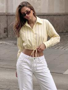 Women's Yellow Striped Drawstring Short Blouse, Long Sleeve Front Button Top, Suitable For Women's Office Commute And Campus Wear, Summer Autumn Casual Style - Yellow - View 6