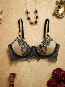 PinupPomp 5pcs Floral Embroidery Mesh Sexy Lingerie Set For Women - Black - View 8