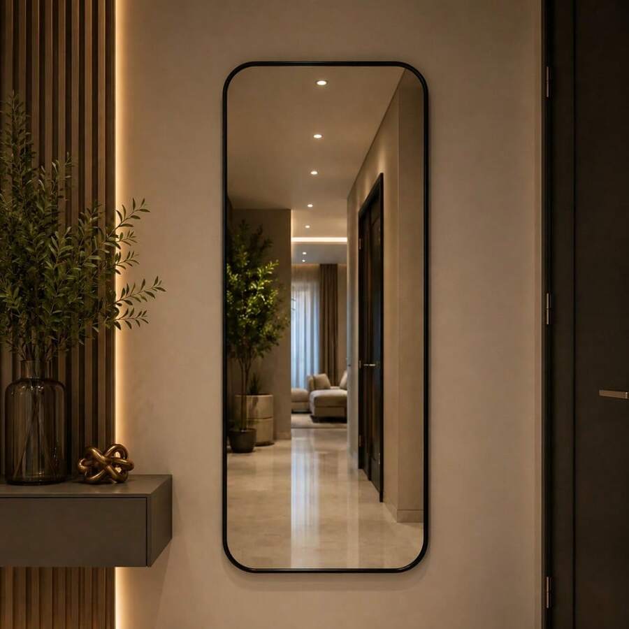 Espelho Capsula Organico Moldura em Couro hall entrada sala quarto banheiro closet vidro lapidado - PRETO - Visão 1
