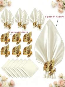 6pcs Fabric Napkins And 6pcs Napkin Rings, 12pcs Set, 17x17 Inch Square Satin Dinner Table Napkins And Rings, Floral Christmas Napkins, Wedding Party Decoration (Black, Gold, White, Champagne, Dark Green, Multiple Colors Available) - Multicolor - View 15