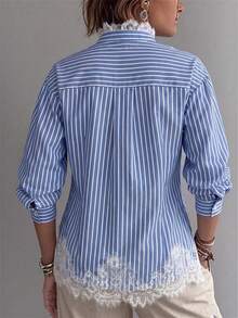 SwallowLucky Women's Autumn/Winter Striped Lantern Sleeve Blouse, Lace Trim, Loose Open Front Vacation Top - Blue and White - View 3