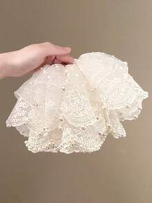 1 buah Ikat Rambut Besar Berlapis-lapis dengan Hiasan Mutiara dan Renda, Aksesori Rambut Tulle Semi-Transparan Putih, Ornamen Rambut Gaya Lembut untuk Pernikahan Wanita - MultiWarna - View 3