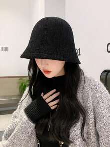 1pc Women's Chenille Knit Bucket Hat, Casual Minimalist Design, Suitable For Daily Wear, Autumn/Winter Outfits, Holidays And Festivals - Black - View 5