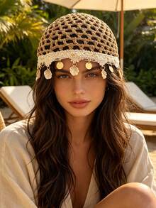 1PC Women Hollow Out Crochet Head Wrap With Seashell Metal Disc Knit Mesh Hair Turban,Bohemian Everyday Vacation Hair Hat For Travel Photoshoot Wear - Multicolor - View 3