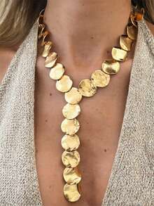1pc Personalized Exaggerated Metal Disc Y-Shaped Tassel Necklace, Fashion Geometric Polished Scratch Long Pendant Necklace For Women, Suitable For Party, Holiday, Gift For Friends And Family, Daily Wear, Commute - Gold - View 1