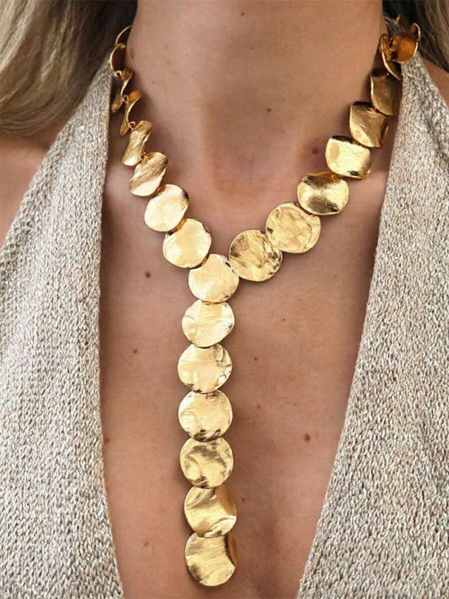 1pc Personalized Exaggerated Metal Disc Y-Shaped Tassel Necklace, Fashion Geometric Polished Scratch Long Pendant Necklace For Women, Suitable For Party, Holiday, Gift For Friends And Family, Daily Wear, Commute - Gold - View 1