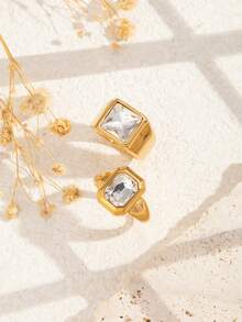2pcs Stainless Steel Fashion Elegant Gold-Colored Rings, Inlaid With White Rhinestones, Suitable For Women's Daily Wear Or Gift Giving - Yellow Gold - View 2