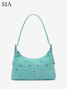 1pc Women's Vintage Autumn/Winter New Suede Blue Rivet Shoulder Adjustable Strap Baguette Bag Suitable For Outing, Dating, Commuting, Shopping - Mint Blue - View 1