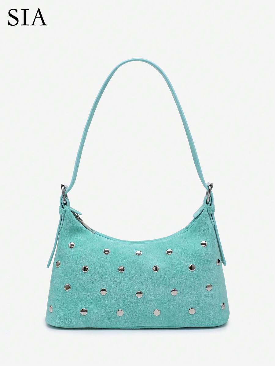 1pc Women's Vintage Autumn/Winter New Suede Blue Rivet Shoulder Adjustable Strap Baguette Bag Suitable For Outing, Dating, Commuting, Shopping - Mint Blue - View 1