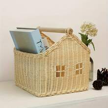 1pc Nordic Rattan House-Shaped Decorative Basket – Handwoven Storage Organizer With Window View For Desktop, Toys, And Home Decor, Natural Beige Color, Open Top Design, Cute Storage, Shelf Baskets - Original Rattan Color - S - View 7