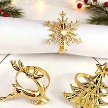 6/12pcs/Set Merry Christmas Napkin Ring Set, Christmas Tree Napkin Holder, Snowflake Reindeer Napkin Holder, Napkin Cloth Decoration, Christmas Table Decor, Christmas Restaurant Table Setting Decoration, Christmas Gift Set - Gold - View 4