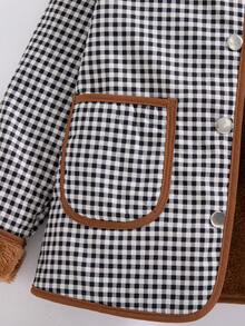 Girls' Casual Fashion Plaid Round Neck Snap Button Design Thermal Lined Thick Jacket, Autumn/Winter - Coffee Brown - View 6