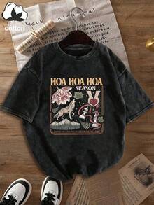 Plus Size Women's Daily Twilight Wolf & Floral Print Crew Neck Short Sleeve Casual T-Shirt Top, Spring Summer Autumn Vacation Outfit Black - Black - View 3