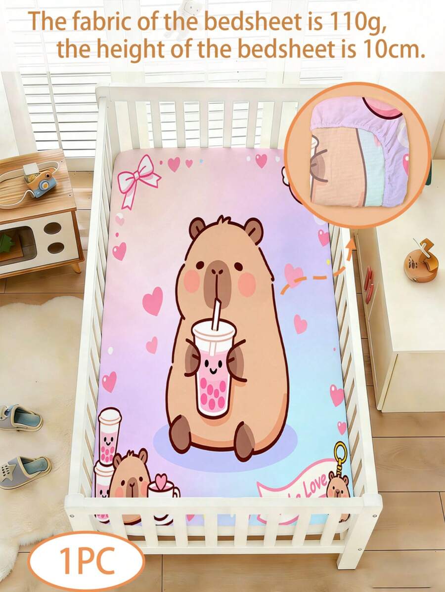 1PC Kawaii Capybara Bubble Tea Print Baby Crib Fitted Sheet 10cm Deep Elastic Pocket Mattress Protector - Multicolor - View 1