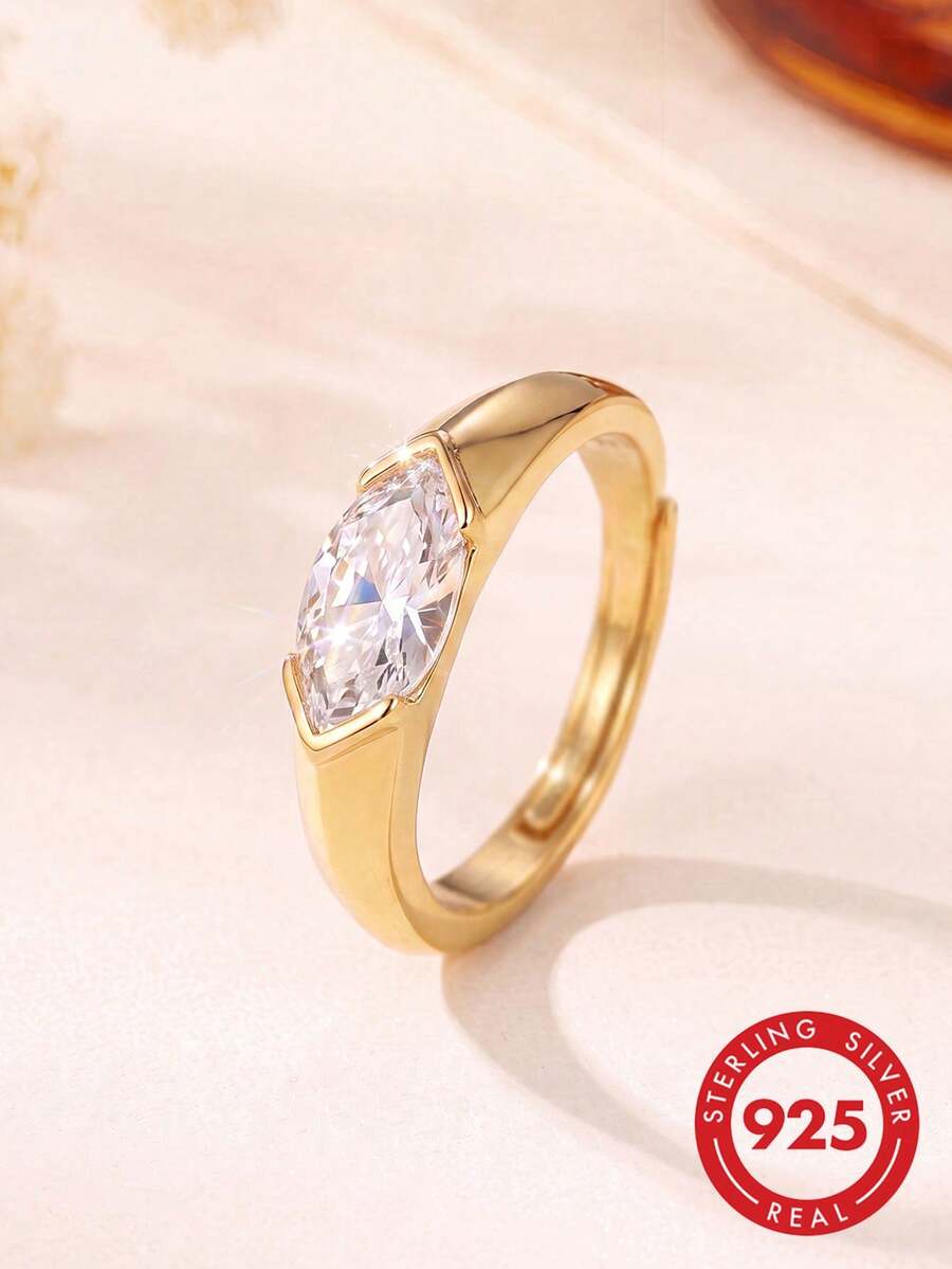 S925 Sterling Silver Marquise Moissanite Open Ring, Silver And Gold Dual Color Options, Suitable For Daily Commute, Minimalist Style, Anniversary Gift, Light Business Occasions. Perfect For Girlfriend Or Best Friend Who Prefers Cool Luxury Style - Gold - View 1