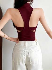 YeonC Women's Sleeveless Round Neck Asymmetric Cutout Jumpsuit, High Elastic Polyester Black Backless Bodycon Style, Suitable For Party - Burgundy - View 7
