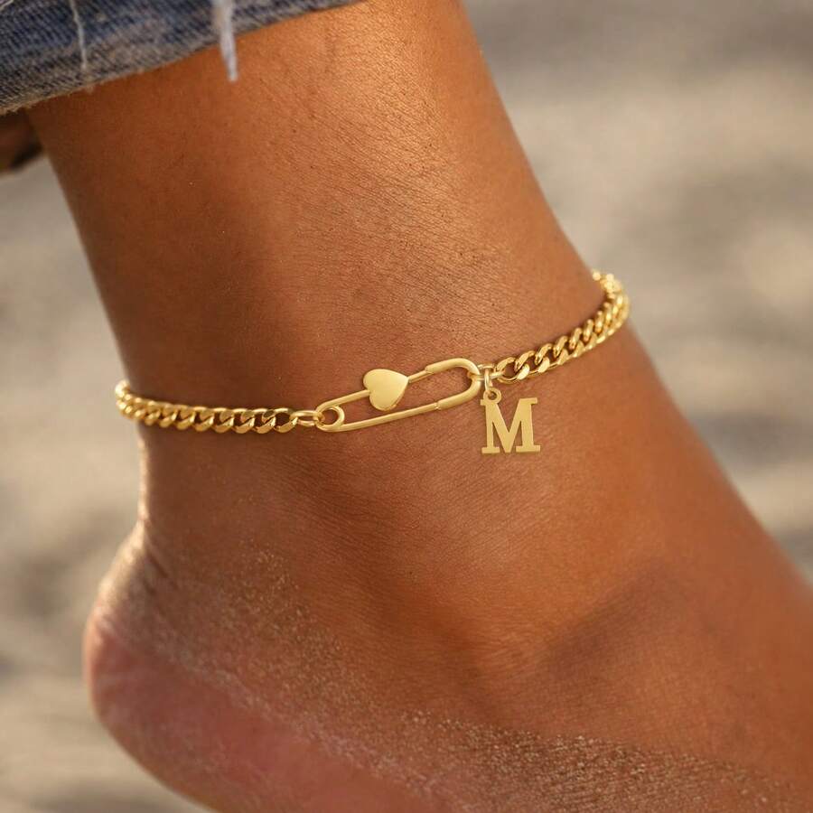 1pc Simple Classic Heart Pin Initial Gold Color Stainless Steel Cuban Chain Anklets For Women - Yellow Gold - View 1
