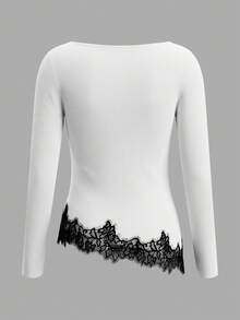Women's Boat Neck Long Sleeve Contrast Lace Hem Slim Fit Elegant Sweater - White - View 9