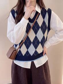 Women's Autumn Casual Minimalist Diamond Pattern V-Neck Pullover Vest Vacation - Navy Blue - View 5