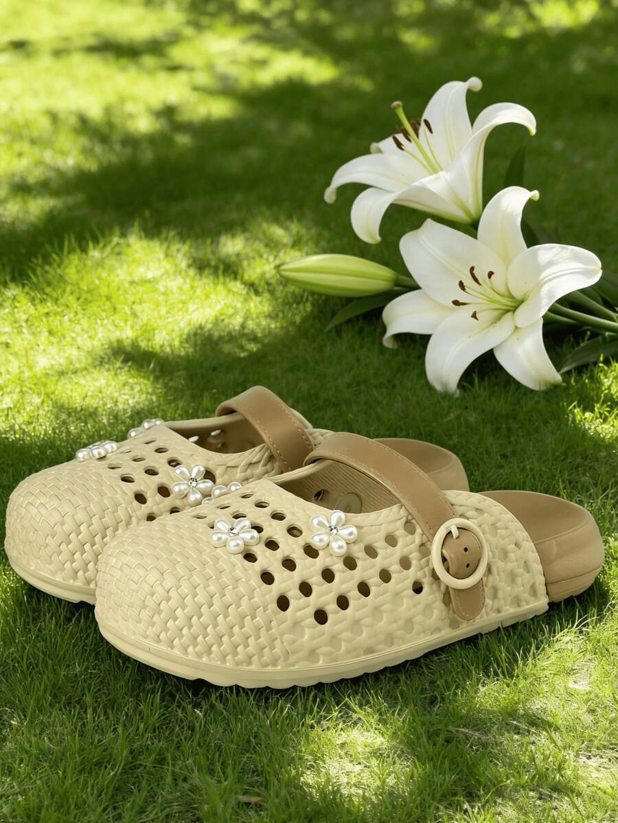 2026 Summer New Women's Apricot Woven Closed-Toe Sandals, Pearl Flower Decor Closed-Toe Sandals, Mary Jane Mule Slippers, Beach Shoes