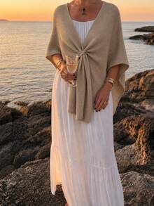 UNTUK KECANTIKAN Penutup Tubuh Rajut Bergaris Beige Elegan dengan Simpul di Depan Penutup Tubuh Pantai Boho yang Mudah Selendang untuk Liburan Musim Gugur - Khaki - View 4
