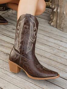 Autumn/Winter Comfortable Retro Knight Boots | Slimming Pointed Toe Chunky Heel Embroidered Fashion Boots Brown Versatile Western Style Boots - Brown - View 4