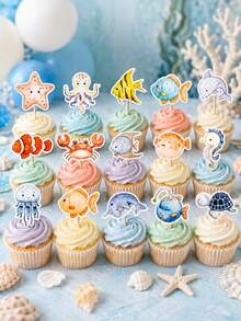 15/30pcs Ocean Animal Cake Toppers, Ocean Creature Theme Cupcake Decorations, Underwater Party Supplies, Ocean Style Dessert Picks - View 1