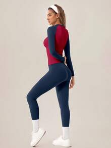 TimeOff Women's One Set Colorblock Round Neck Long Sleeve High Waist Leggings Gym Workout Set - Navy Blue - View 8