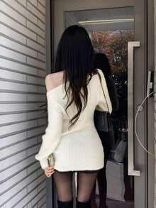 Korean Women's Off-Shoulder Collarbone-Exposing Loose Lazy Pullover Sweater - White - View 3