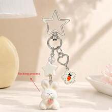 1pc Unisex Cartoon Flocked Rabbit & Bear Keychain, Cute Heart Mushroom Pendant Accessory Bag Charm - Multicolor - View 3