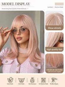 Topshe 16 Inch Light Pink & Silver Layered Cut Women's Wig With Bangs, Shoulder Length Straight Synthetic Fiber Wig, Heat Resistant Fashionable Hairstyle, Suitable For Halloween, Cosplay, Party, Costume Performance And Daily Wear - Multicolor - View 3