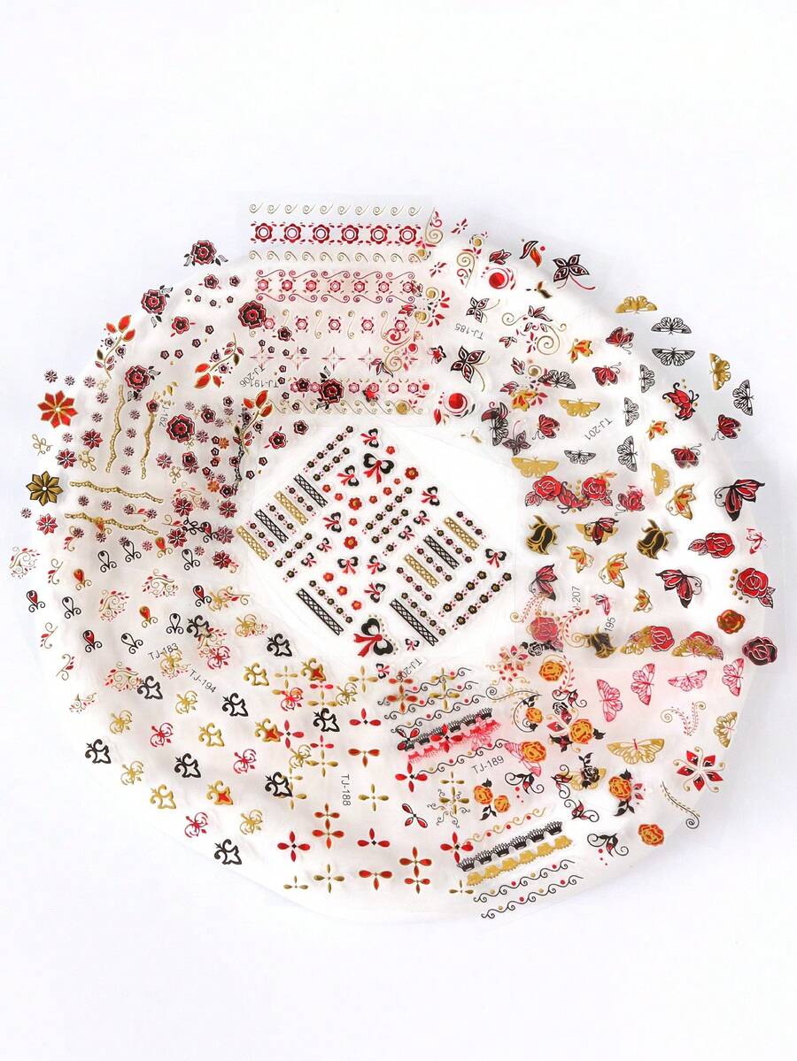 30片混色紅黑金蝴蝶玫瑰金屬箔美甲貼紙,古典花卉氛圍,新中式復古奢華,DIY美甲裝飾用品 - 彩色 - 查看 1
