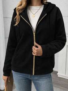 Women's Long-Sleeved Hooded, Zippered Jacket With Front Pocket Detail, Made Of Brushed Fleece And Two-Thread Fabric., 31102 - Black - View 2
