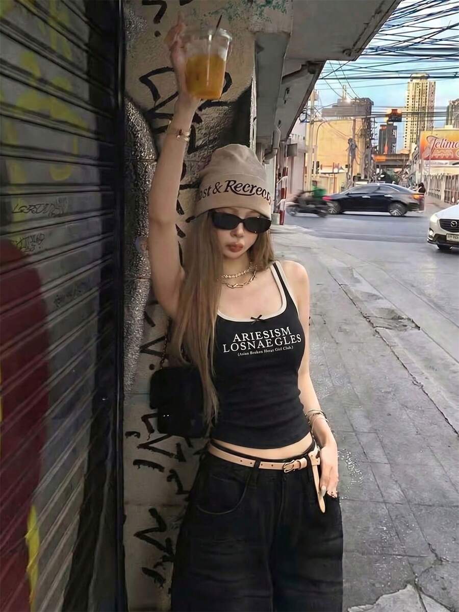 Y2K复古美式风格女童短款无袖针织背心,撞色设计,字母图案,休闲甜美街头风,适合日常、约会、周末、返校、户外、海滩等场合,黑色夏季款 - 黑色 - 查看 1