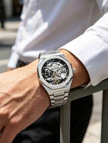 Fashion Hollow Automatic Mechanical Men's Wristwatch, Asymmetrical Case, Casual Business Tourbillon Skeleton Dial, Silver Stainless Steel Band, Luminous Hands, Gift-Grade Watch - Silver - View 4