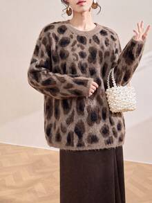 Women's Casual Minimalist Leopard Print Round Neck Pullover Sweater, Autumn/Winter - Coffee Brown - View 1
