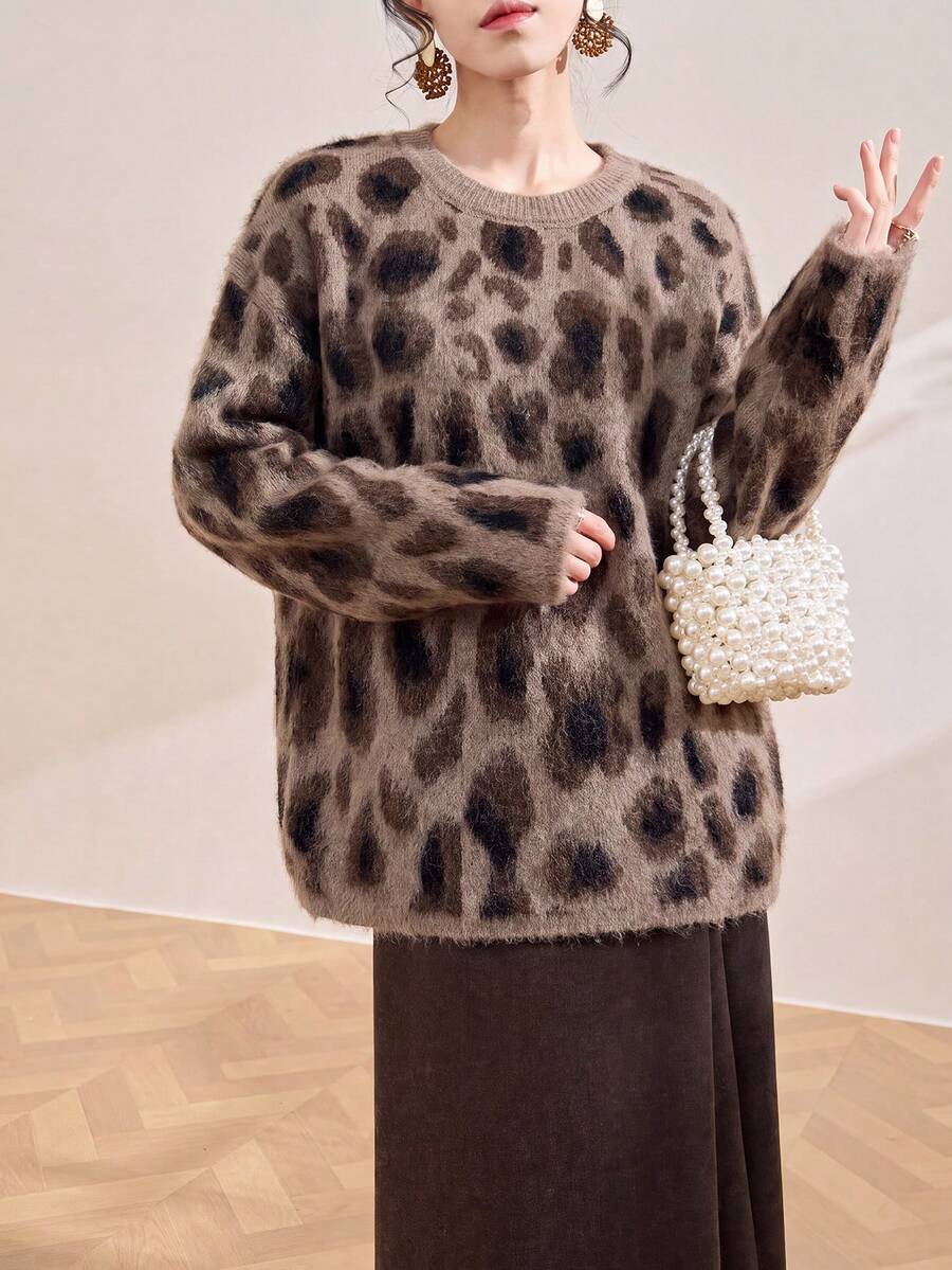 Women's Casual Minimalist Leopard Print Round Neck Pullover Sweater, Autumn/Winter - Coffee Brown - View 1