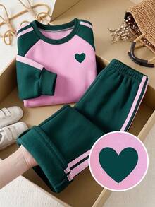 Young Girl Heart Pattern Print Color Block Crew Neck Long Sleeve Top And Pants - Dark Green - View 4