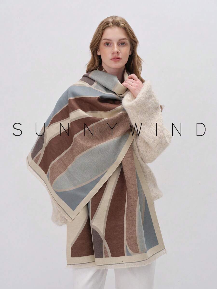 1 chiếc khăn quàng cổ nữ họa tiết hình học jacquard polyester thời trang cao cấp cho mùa thu/đông, dùng hàng ngày - xanh nhạt - Xem 1