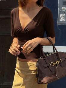 Women's V-Neck Pink Mid-Sleeve Stylish Sporty Casual T-Shirt - Coffee Brown - View 4