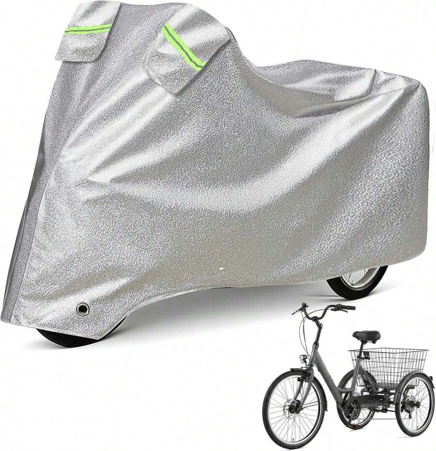 Funda para Triciclo de Adultos, Impermeable, para Bicicletas Reclinadas de Exterior, Duradera, Anti-UV, para 1-2 Bicicletas, con Orificios para Candado, Hebilla Antiviento, Resistente al Polvo y a la Intemperie, Lona para Triciclo Eléctrico - Plateado - Ver 1