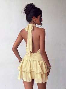 Vestido mini elegante de moda amarillo con cuello halter, espalda descubierta y volantes en capas para boda - Amarillo - Ver 9