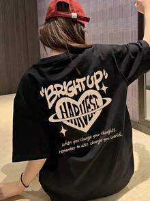 新款夏季 Gen Z Y2K 風格女款設計金色愛心印花圓領短袖 T 恤 黑色休閒 - 黑色 - 查看 2