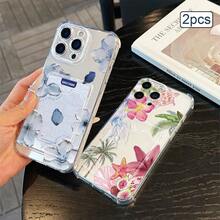 2pcs Pink & White Lily Pattern, Transparent Anti-Drop TPU Phone Case With Card Slot, Suitable As Holiday Gift Compatible With Apple XS/XS Max/XR/11/12/13/14/15/16 Pro/17/Pro Max/14/15/16 Plus, Can Hold Cards And Photos - Multicolor - View 3