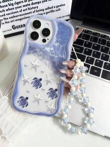Cream Dopamine Wavy Ruffle Soft TPU Texture Creative Personalized Turtle Pattern Phone Case With DIY Star Wrist Strap Compatible With Galaxy S21 S22 S23 S24 S25 S26/Honor/ And Other Models - Clear - View 2