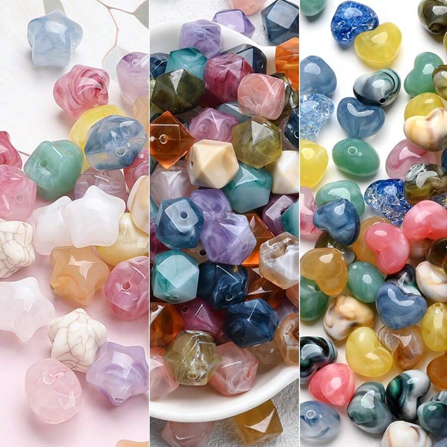 100pcs Mixed Color Faux Jade Acrylic Beads, Heart/Star/Polygon Shaped ...
