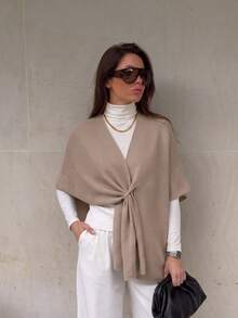 UNTUK KECANTIKAN Penutup Tubuh Rajut Bergaris Beige Elegan dengan Simpul di Depan Penutup Tubuh Pantai Boho yang Mudah Selendang untuk Liburan Musim Gugur - Khaki - View 6