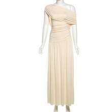 Vestido largo de unicolor con cuello asimétrico y cintura entallada elegante - Caqui - Ver 9