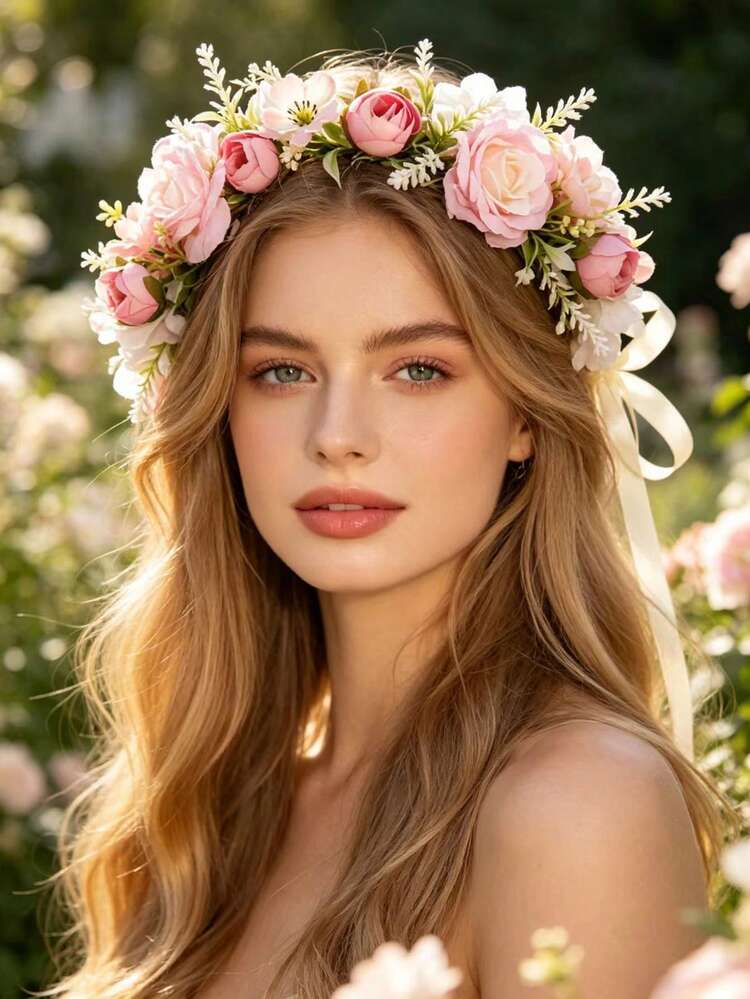 1pc Artificial Flower Boho Bridal Wedding Season Mori Style Tassel Beaded Aesthetic Flower Crown - 58849 - View 2